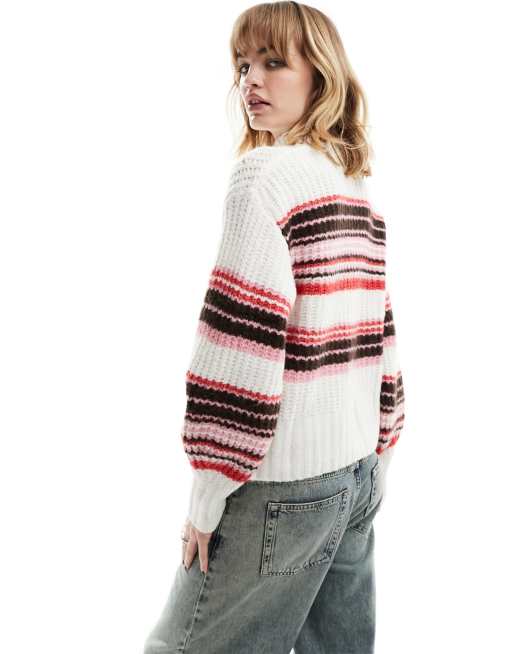 Monki mock neck chunky knit sweater in off white with multi coloured stripes ASOS