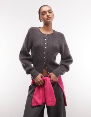 Monki Mohair Blend Balloon Sleeve Cardigan In Gray