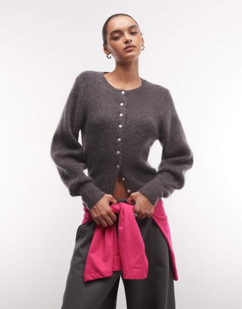 Monki mohair blend balloon sleeve cardigan in grey melange - view 1