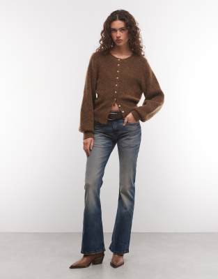 Monki Mohair Blend Balloon Sleeve Cardigan In Brown
