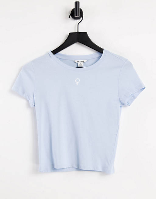 Monki Molly organic cotton feminist print 90's t-shirt in blue