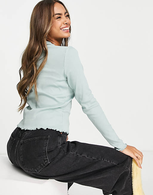 Tops Monki Molly organic cotton ribbed long sleeve top in turquoise 