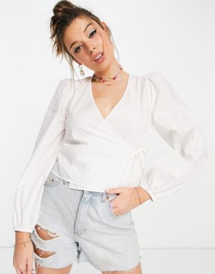 Monki Molly volume sleeve wrap blouse in white - ASOS Price Checker