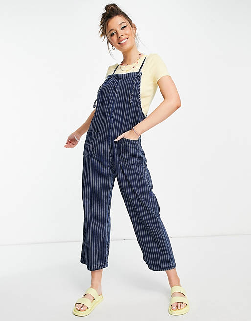 Monki Mona organic cotton dungarees with pocket front in blue stripe