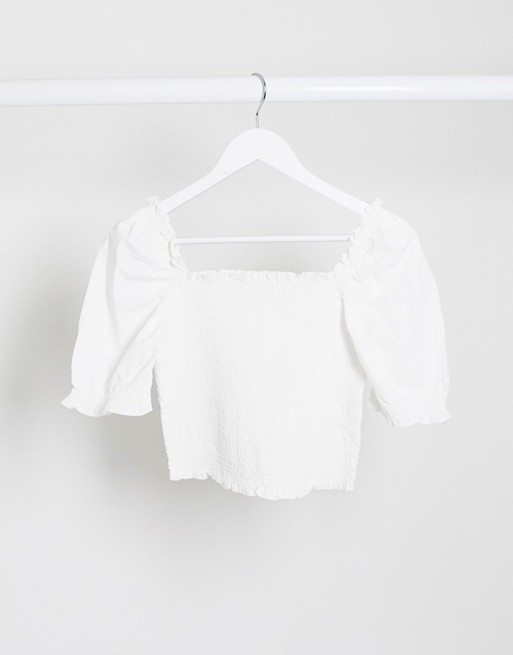 Monki Mona shirred crop top with puff sleeves in white