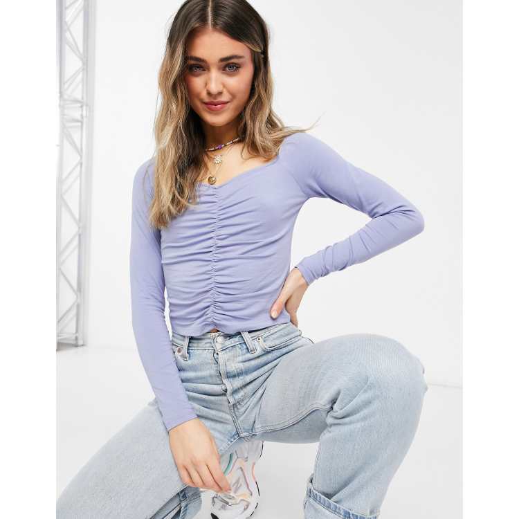 Monki Monika cotton ruched front long sleeve top in light blue - MBLUE