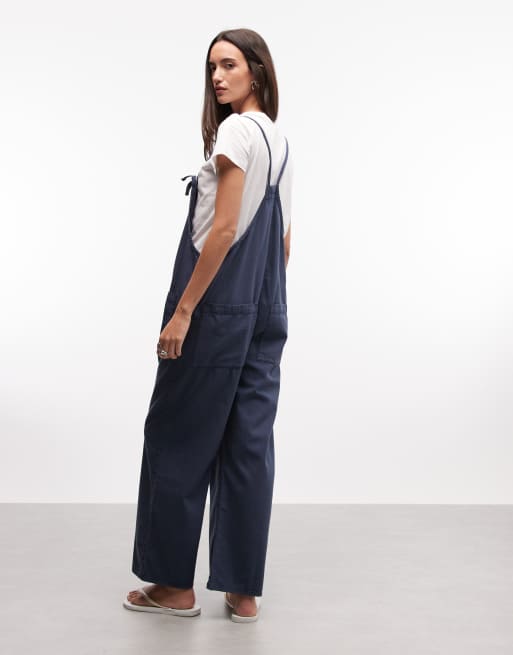 Monki - Mono largo azul lavado holgado de tirantes de algodón, 3 de 4