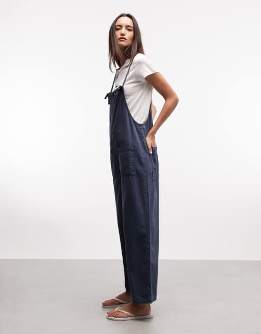 Monki - Mono largo azul lavado holgado de tirantes de algodón, 4 de 4