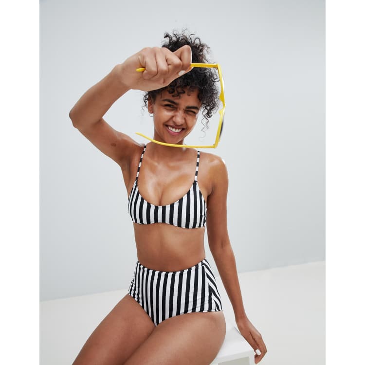 Women's High Waisted Bikini - Hot Pants / Stripy Crop Top / Black / White