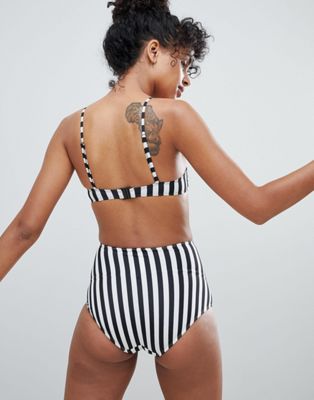 Monki ASOS Monki Halter Neck Bikini Top Swim Suit Swimwear Stripe Black White XS 
