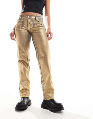 Monki Monki Moop low rise straight leg jeans in blue wash with gold foil