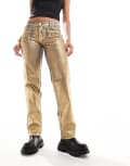 [Monki] Monki Moop low rise straight leg jeans in blue wash with gold foil W40 Blue with gold foil