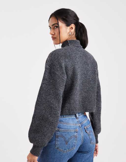 Monki – Mörkgrå, melerad tröja med kort design och hög krage, 4 av 4