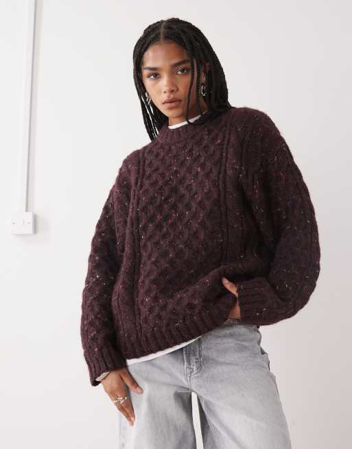 Monki – Mörklila, flätstickad tröja i kraftig yllemix och oversized fit