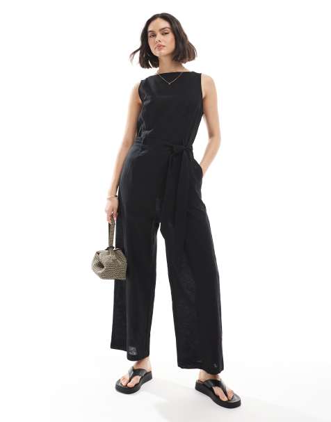 Monki - Mouwloze linnen jumpsuit met strikceintuur in zwart - view 1