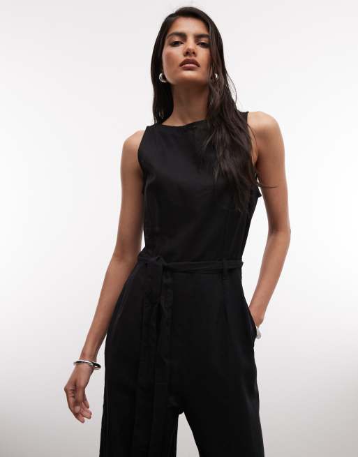 Monki - Mouwloze linnen jumpsuit met strikceintuur in zwart, 2 van 4