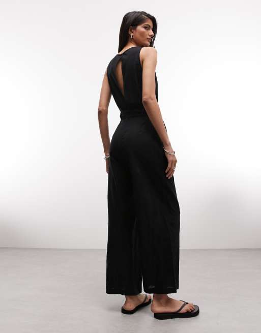 Monki - Mouwloze linnen jumpsuit met strikceintuur in zwart, 3 van 4