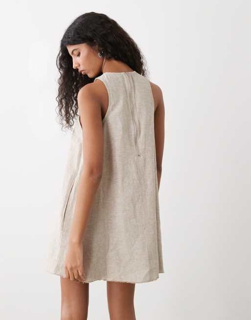 Monki - Mouwloze mini jurk van linnenmix met A-lijn en gerafelde rand in beige, 4 van 4