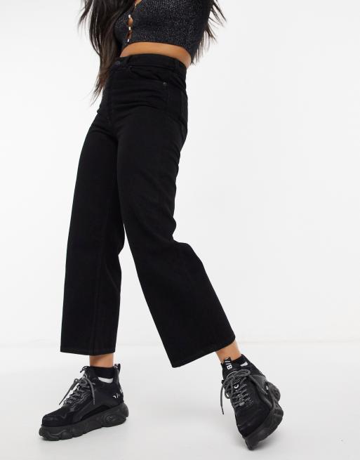 Stradivarius cotton cropped wide leg jean in black - BLACK