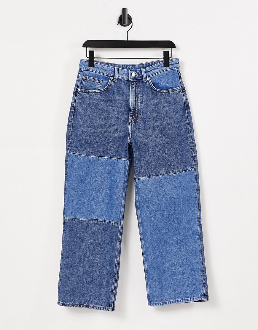 Monki Mozik straight leg jeans patch jeans in mid wash-Blues