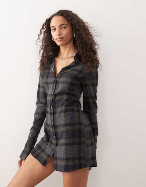 Monki - Mørkegrå og ternet skjorte-kjole i minilængde med lange ærmer og indsyninger i taljen - view 1