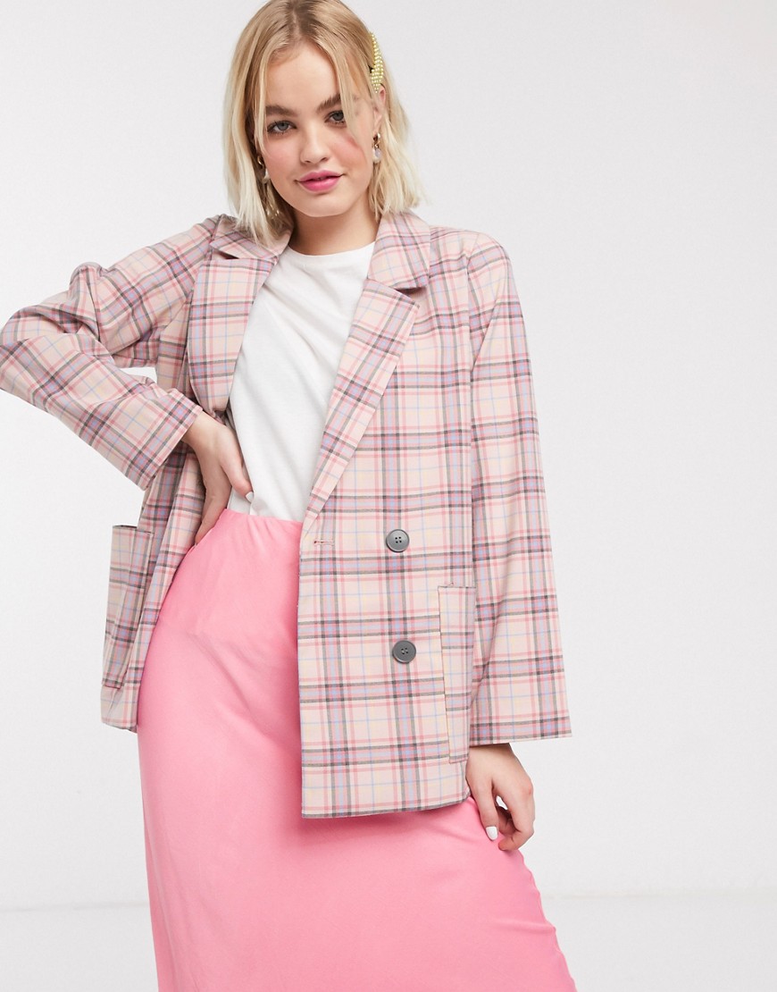 Monki Multi Check Double Breasted Blazer In Pink