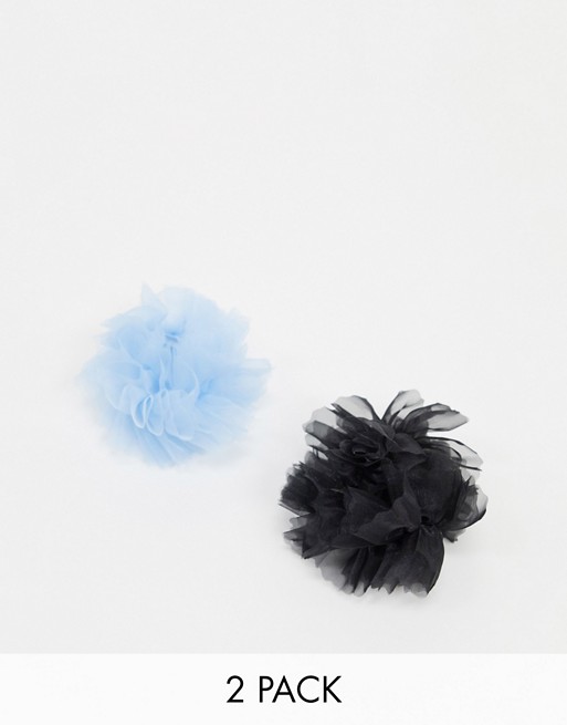 Monki multi pack organza hair scrunchie in blue and black