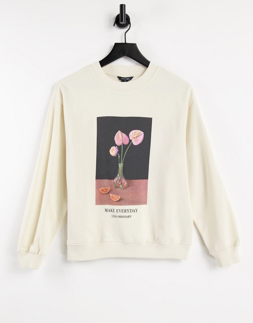 Monki - Nana - Beige sweatshirt med blomsterprint i økologisk bomuld-Neutral