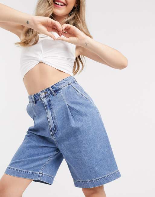 Monki Nanette organic cotton bermunda denim shorts in blue | ASOS