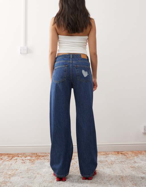 Monki - Naoki - Jean baggy large à taille basse avec cœurs en relief - Bleu foncé délavé , 2 de 5