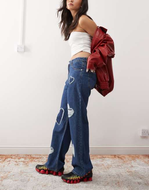 Monki - Naoki - Jean baggy large à taille basse avec cœurs en relief - Bleu foncé délavé , 3 de 5
