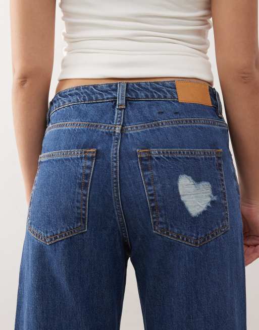 Monki - Naoki - Jean baggy large à taille basse avec cœurs en relief - Bleu foncé délavé , 4 de 5