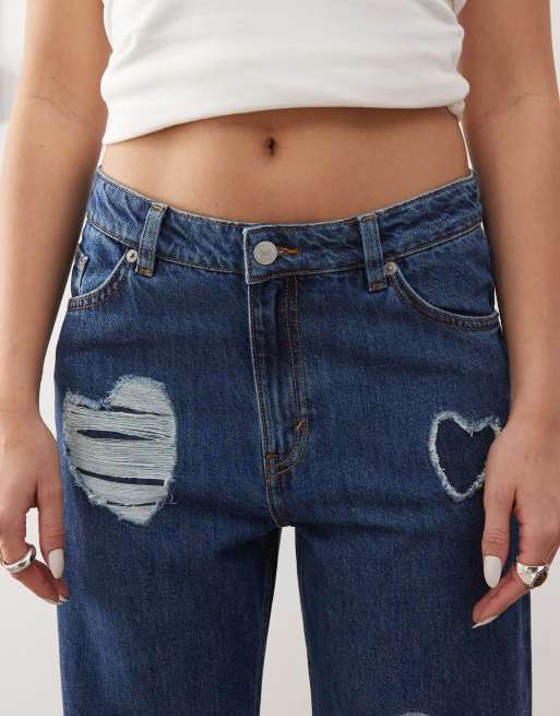 Monki - Naoki - Jean baggy large à taille basse avec cœurs en relief - Bleu foncé délavé , 5 de 5