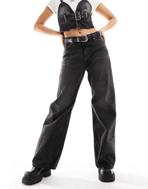 Monki Naoki loose fit low rise jeans in washed black - view 1