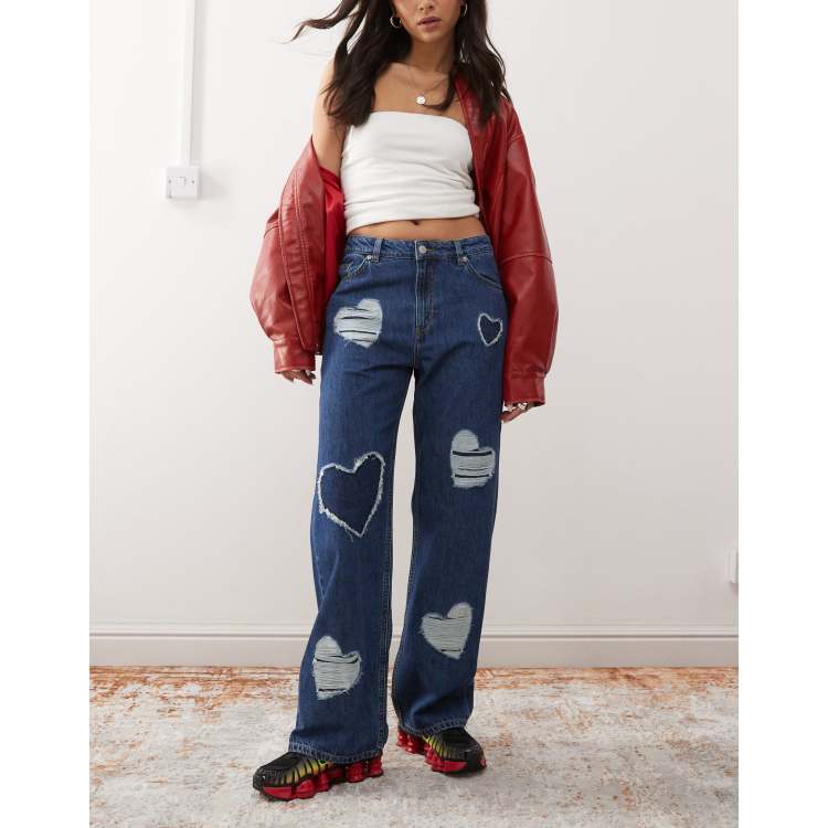 Monki Naoki low rise loose fit baggy jeans in dark blue wash with