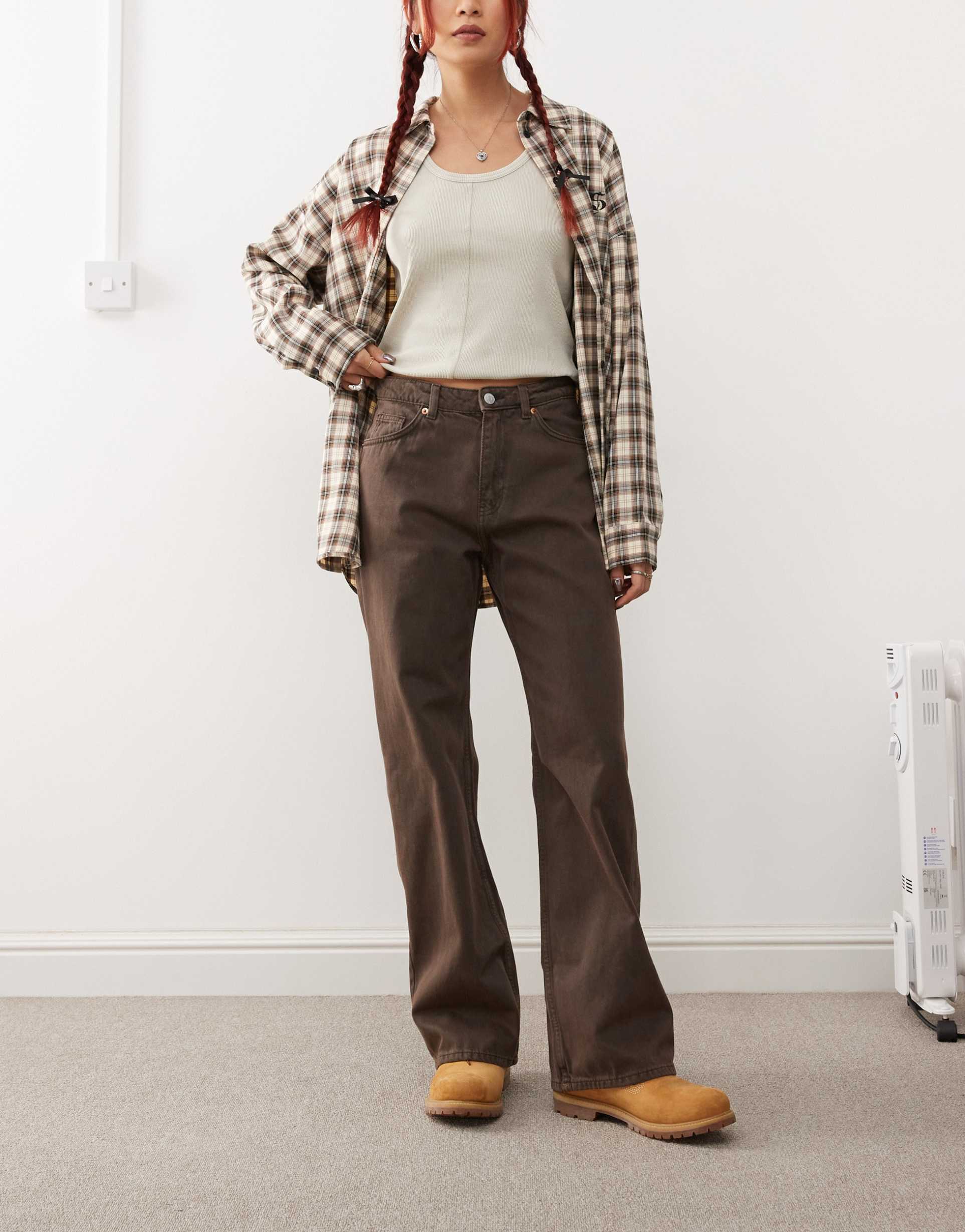 monki naoki low rise loose fit baggy jeans in faded brown