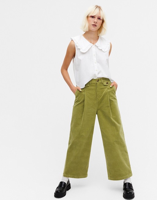 Monki Naomi cotton wide leg cord trousers in green