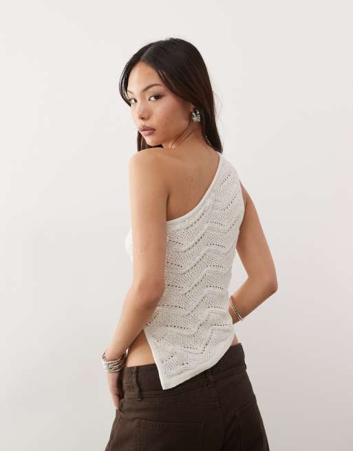 Monki – Naturvit, stickad topp med enaxlad, asymmetrisk design, 4 av 4