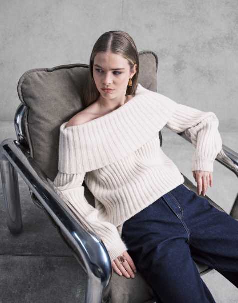Monki – Naturvit, stickad tröja i oversize med bardotringning och melerad effekt - view 1