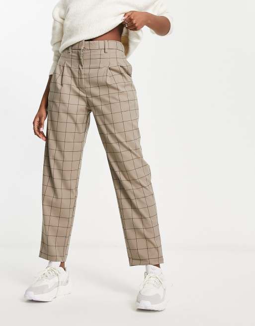 Monki - Nauwsluitende broek met rasterprint in beige, deel van co-ord set