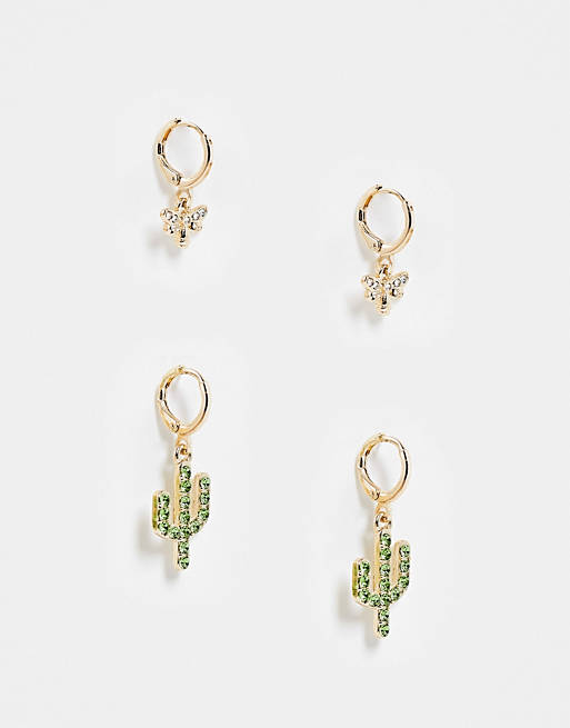 Monki Nessa 2 pack cactus earrings in gold