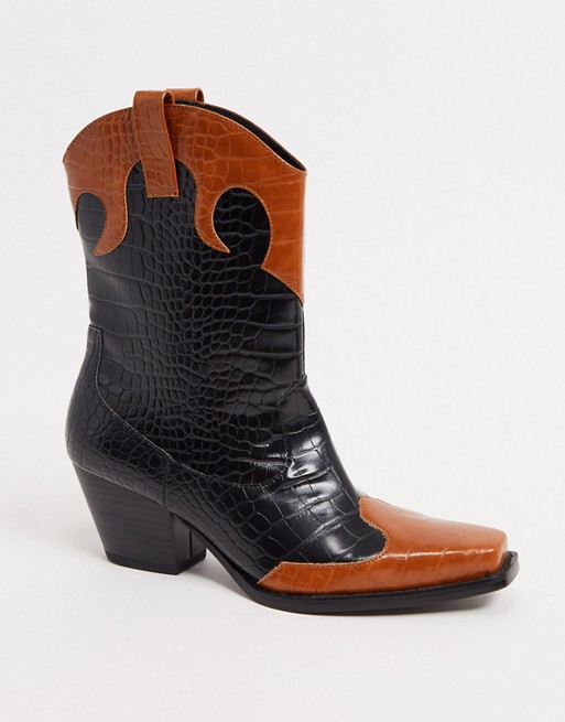 Monki Nettan faux leather croc print boots in black