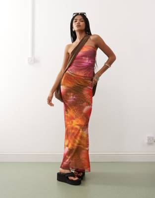 Monki - Netzstoff-Maxirock mit tropischem Blumenmuster in Rosa und Orange, Kombiteil