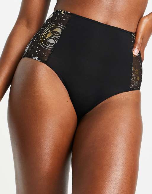 Monki – Netzstoff-Slip in Schwarz mit hoher Taille und Mond-Sterne-Prints - BLACK