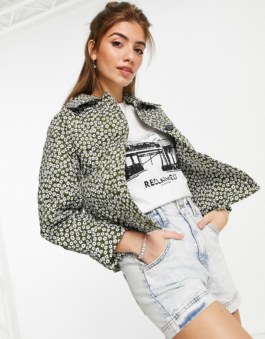 Monki Nico organic cotton quilted jacket in floral print-Multi