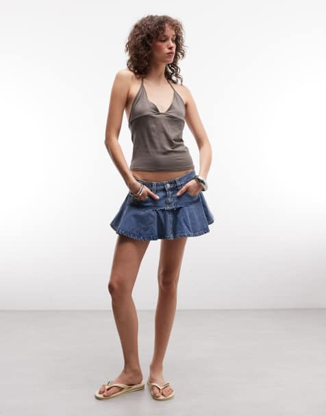 Monki – Niebieska plisowana spódnica jeansowa mini - view 1