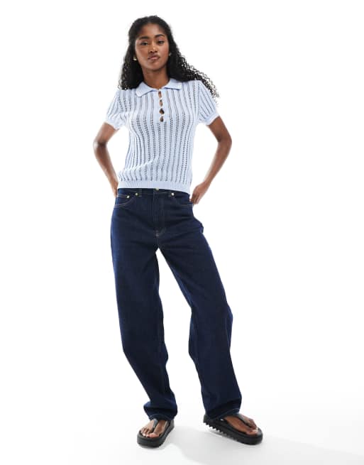 Monki – Niebieski dzianinowy top polo z ozdobnym ściegiem, 2 z 4
