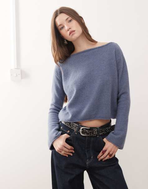 Monki knitted jumper with flared sleeves in blue 