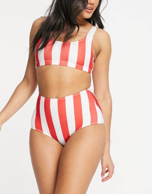 Red and white store striped high waisted bikini