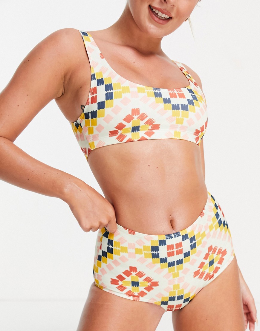 Monki Nilla recycled high waist bikini bottoms in mosaic print-Multi